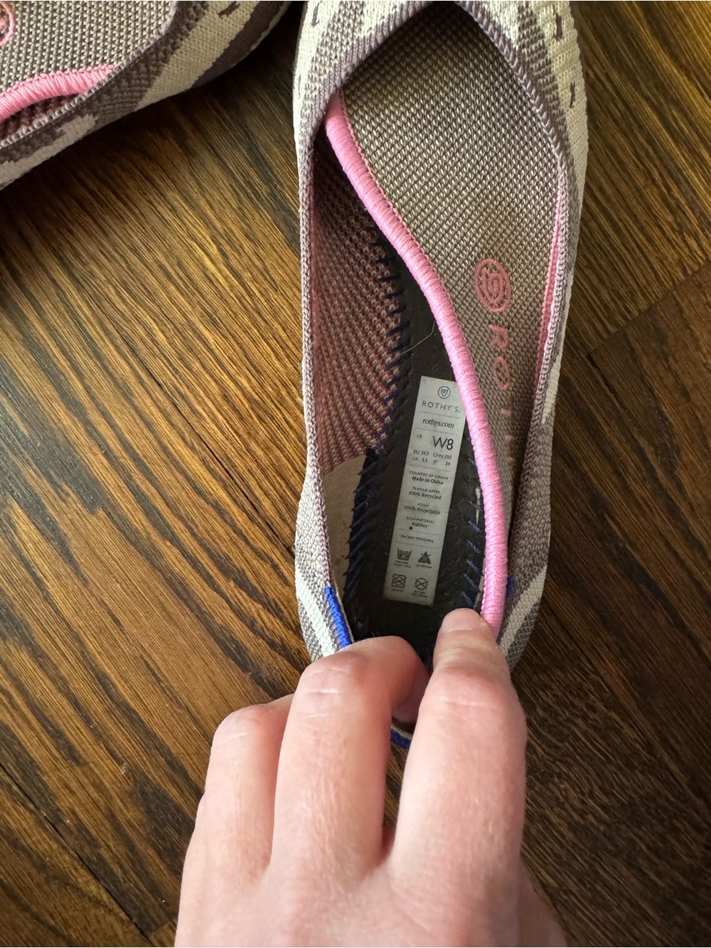 Rothy's Pink and Tan Pointed Knit Flats with Blue Trim - Picture 4 of 7